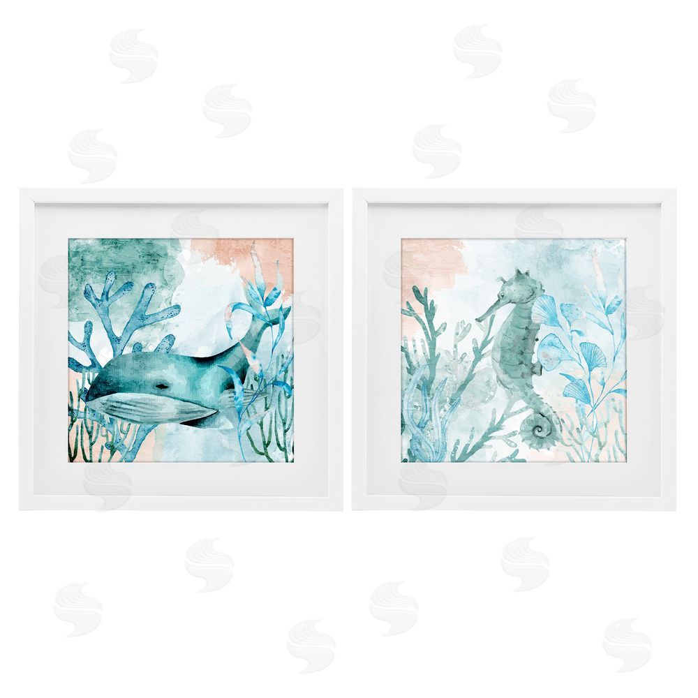 Kim Allen Whale & Seahorse Sea Swim White Framed Print Under Glass Wall Art