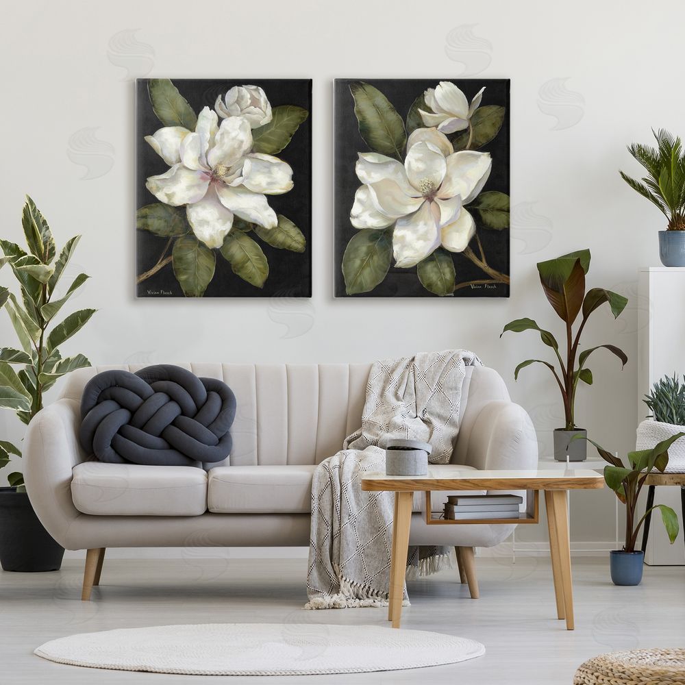 Nan Magnolia Buds & Blooms Stretched Cavas Wall Art Set in Room