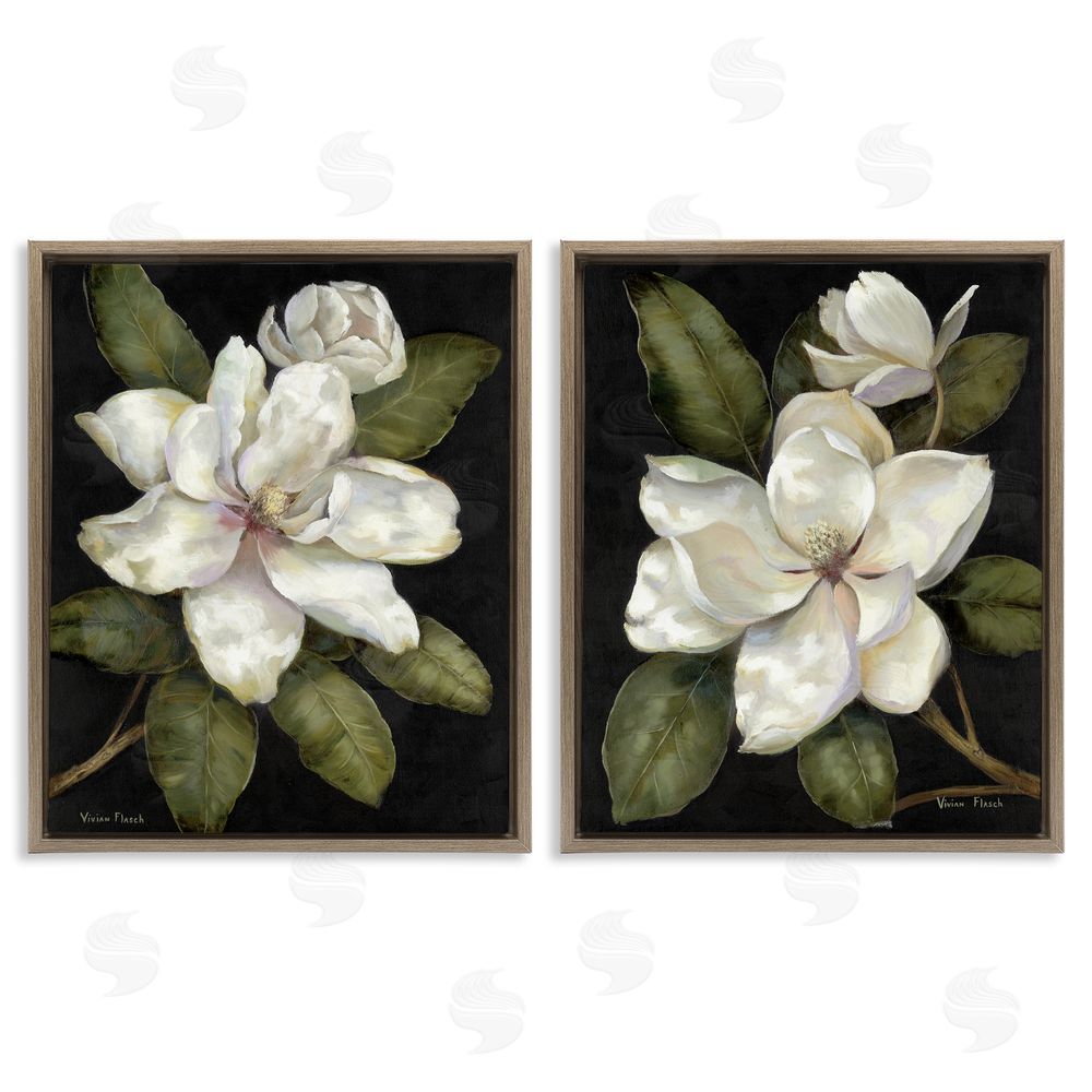 Nan Magnolia Buds & Blooms Brown Floating Frame Canvas Wall Art Print