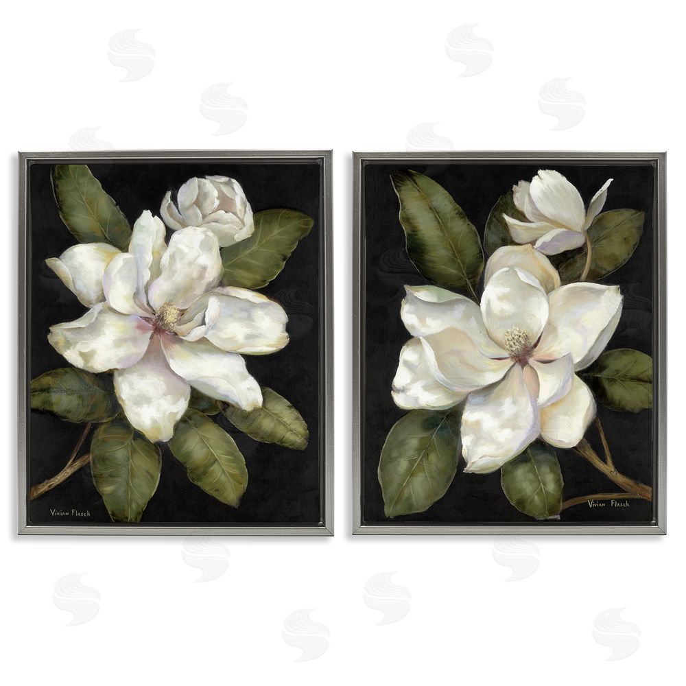 Nan Magnolia Buds & Blooms Gray Floating Frame Canvas Wall Art Print