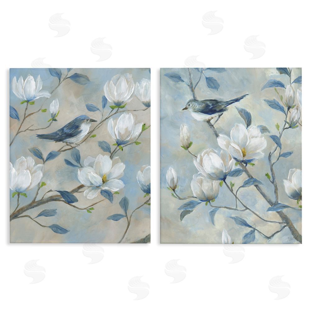 Nan Blue Birds in Magnolia Tree Stretched Canvas Wall Art Print