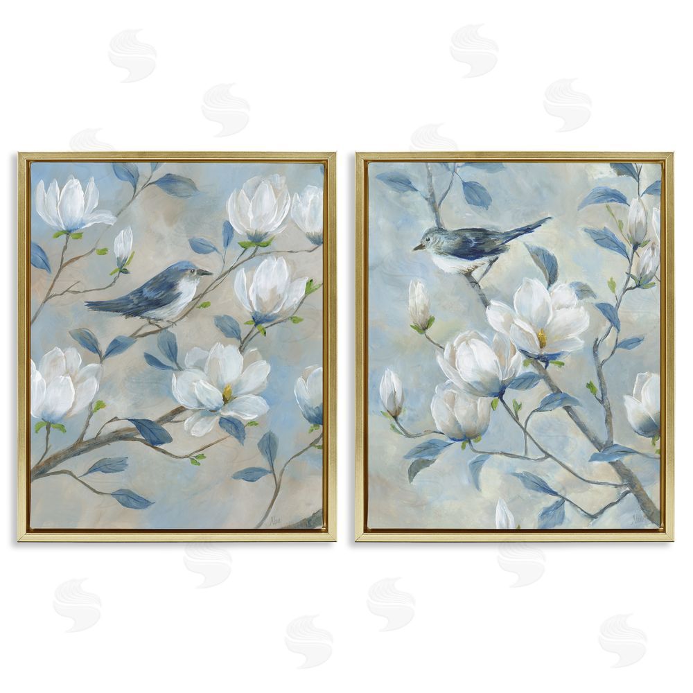 Nan Blue Birds in Magnolia Tree Gold Floating Frame Canvas Wall Art Print