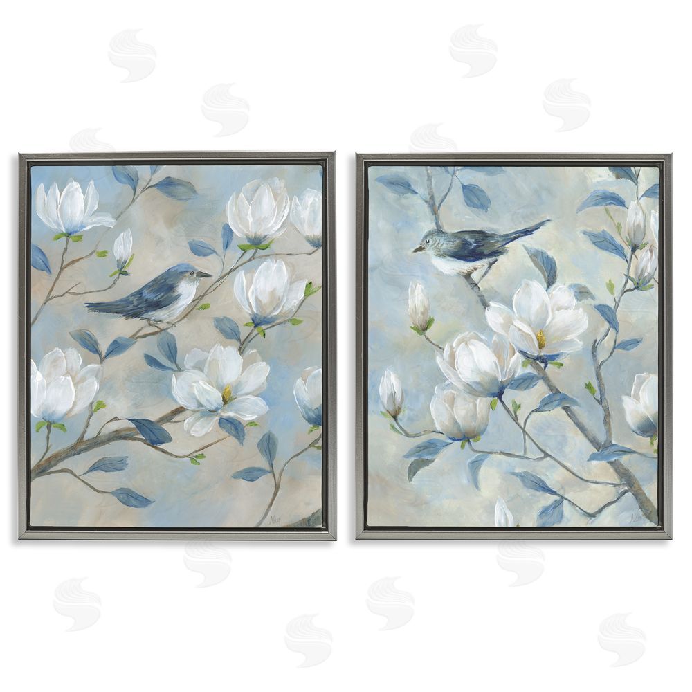 Nan Blue Birds in Magnolia Tree Gray Floating Frame Canvas Wall Art Print