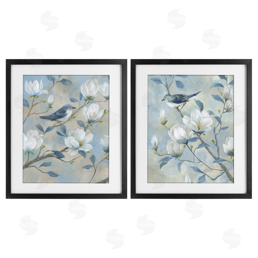 Nan Blue Birds in Magnolia Tree Black Framed Print Under Glass Wall Art