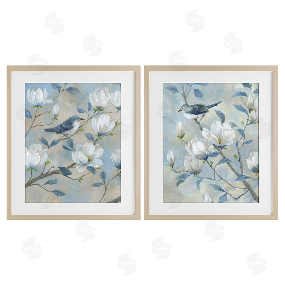 Nan Blue Birds in Magnolia Tree Brown Framed Print Under Glass Wall Art