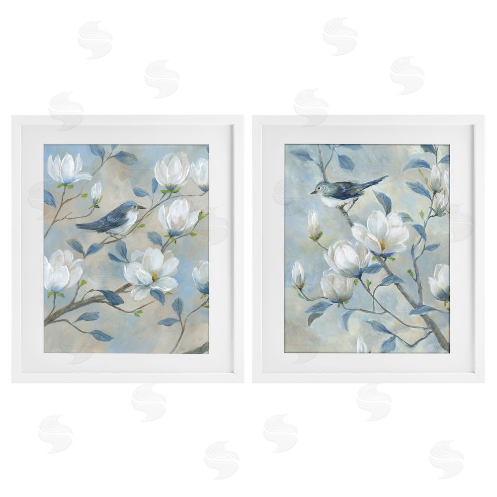 Nan Blue Birds in Magnolia Tree White Framed Print Under Glass Wall Art