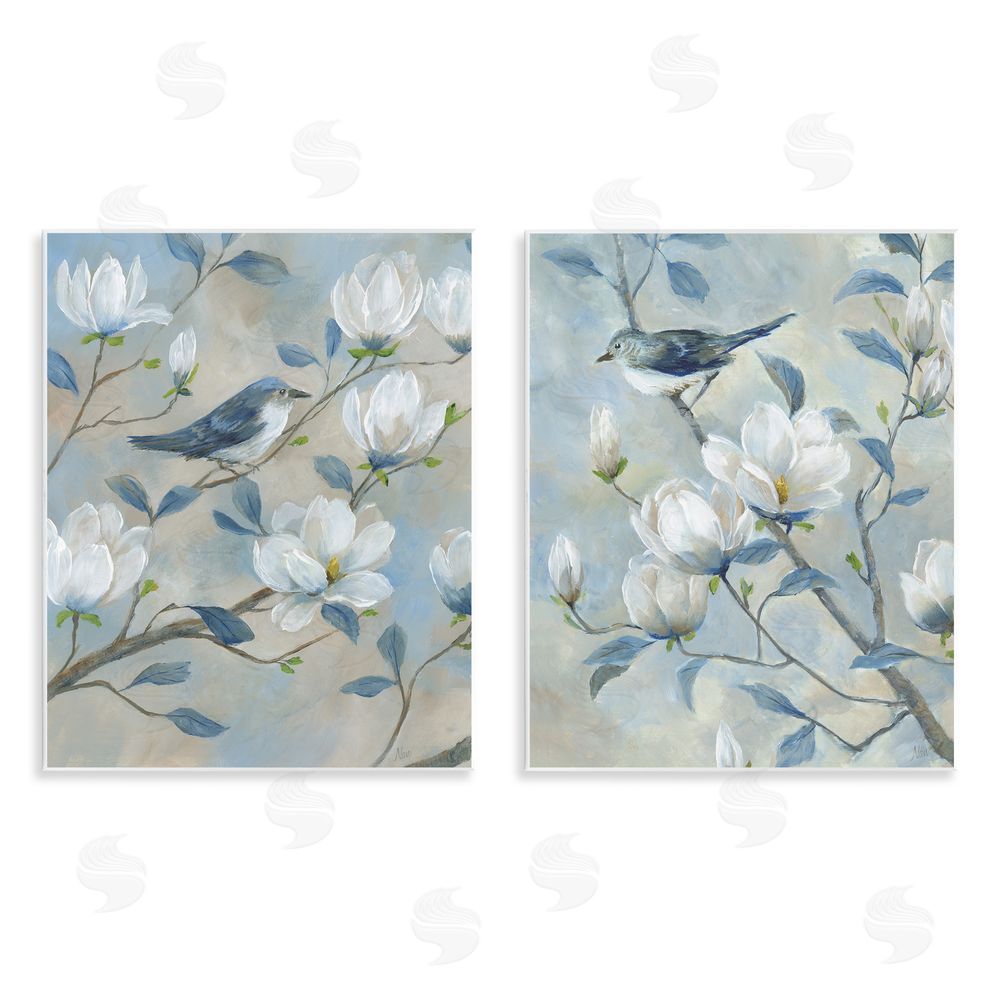 Nan Blue Birds in Magnolia Tree Wooden Wall Plaque Art Print