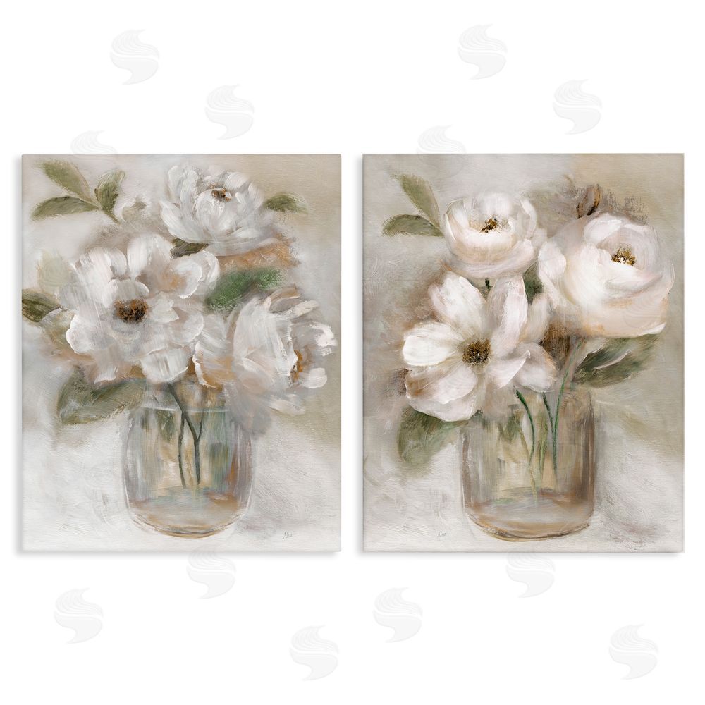 Nan Brushed White & Beige Roses Stretched Canvas Wall Art Print