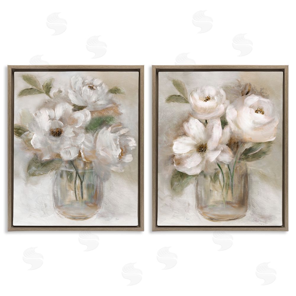 Nan Brushed White & Beige Roses Brown Floating Frame Canvas Wall Art Print