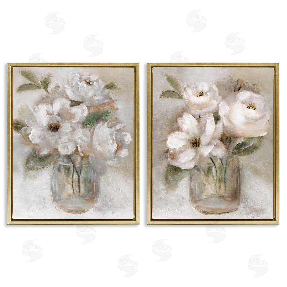 Nan Brushed White & Beige Roses Gold Floating Frame Canvas Wall Art Print