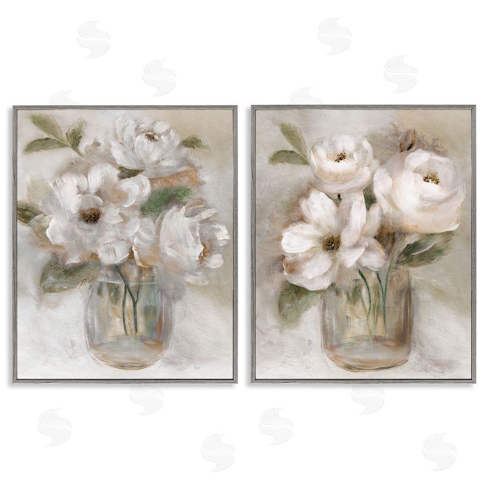 Nan Brushed White & Beige Roses Gray Framed Giclee Wall Art Print