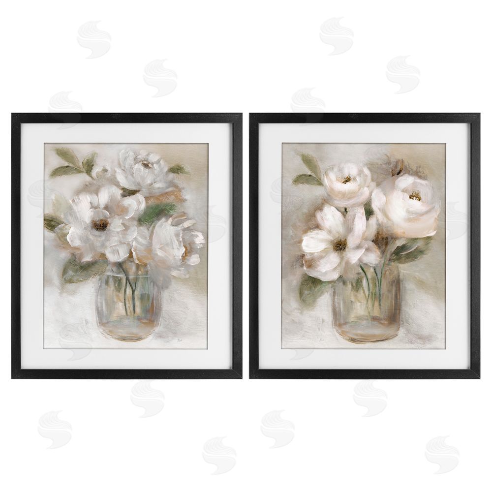 Nan Brushed White & Beige Roses Black Framed Print Under Glass Wall Art