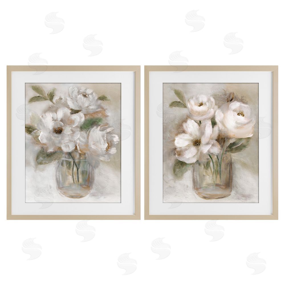 Nan Brushed White & Beige Roses Brown Framed Print Under Glass Wall Art