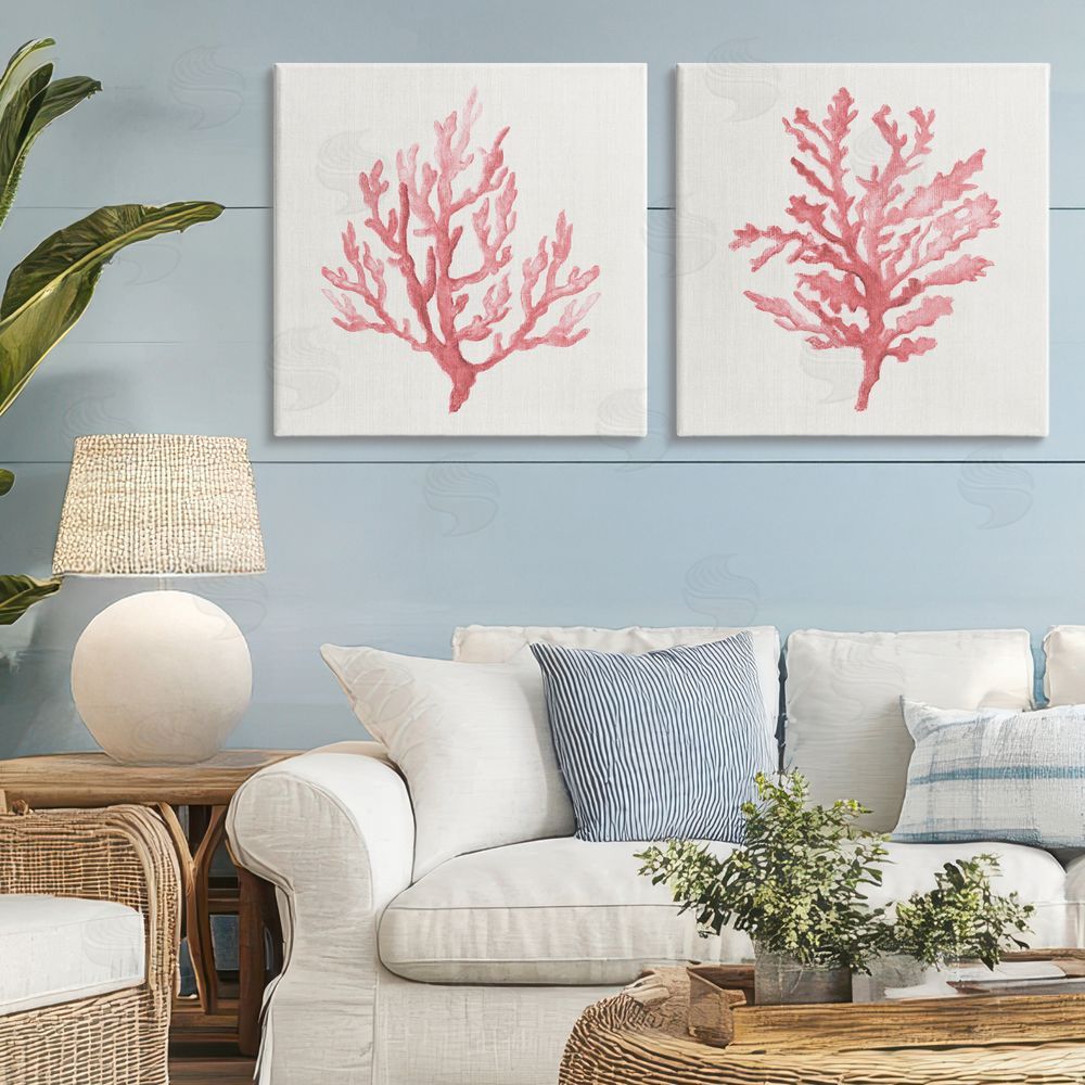 Janet Tava Rosy Pink Coral Branches Stretched Cavas Wall Art Set in Room