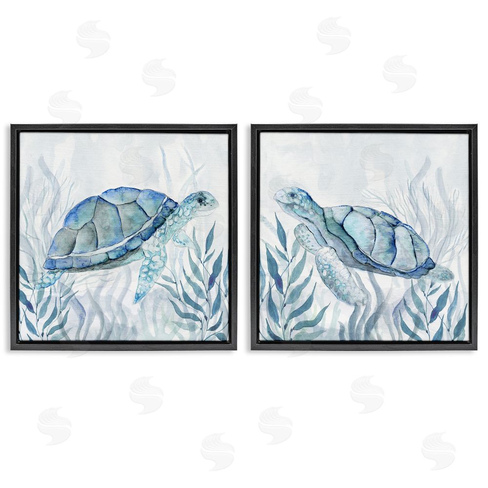 Janet Tava Subtle Smiling Sea Turtles Black Floating Frame Canvas Wall Art Print