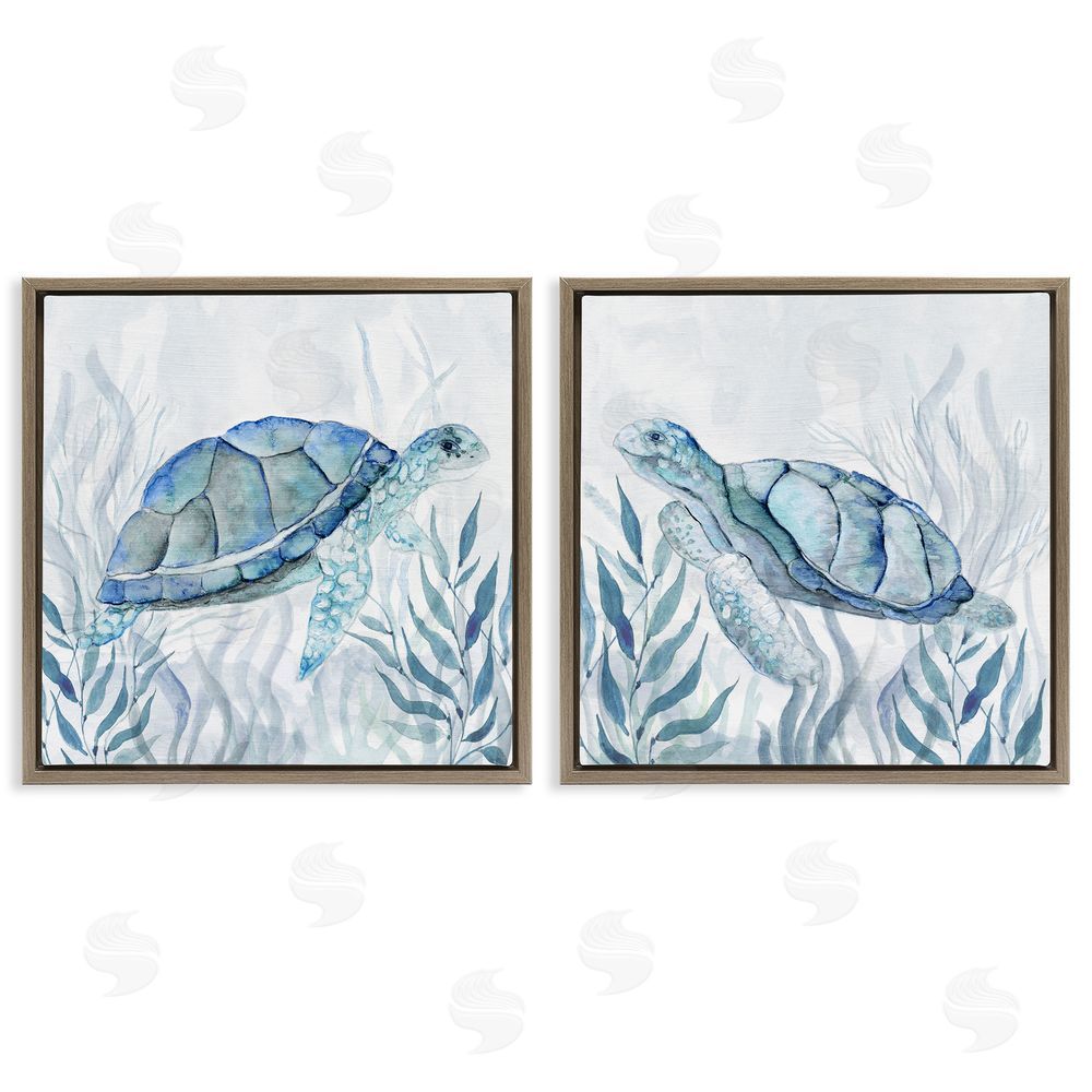 Janet Tava Subtle Smiling Sea Turtles Brown Floating Frame Canvas Wall Art Print