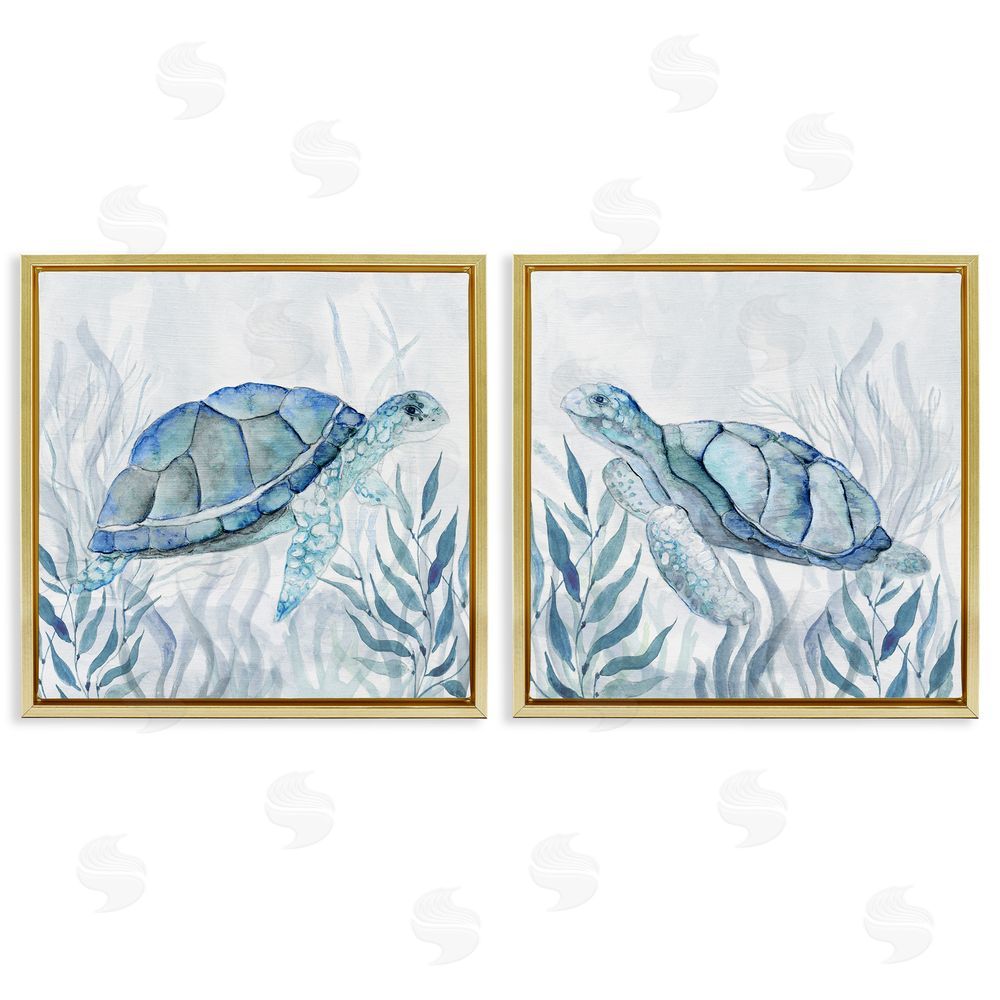 Janet Tava Subtle Smiling Sea Turtles Gold Floating Frame Canvas Wall Art Print