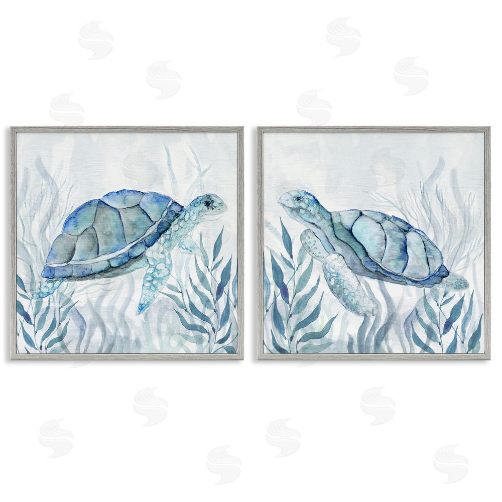 Janet Tava Subtle Smiling Sea Turtles Gray Framed Giclee Wall Art Print