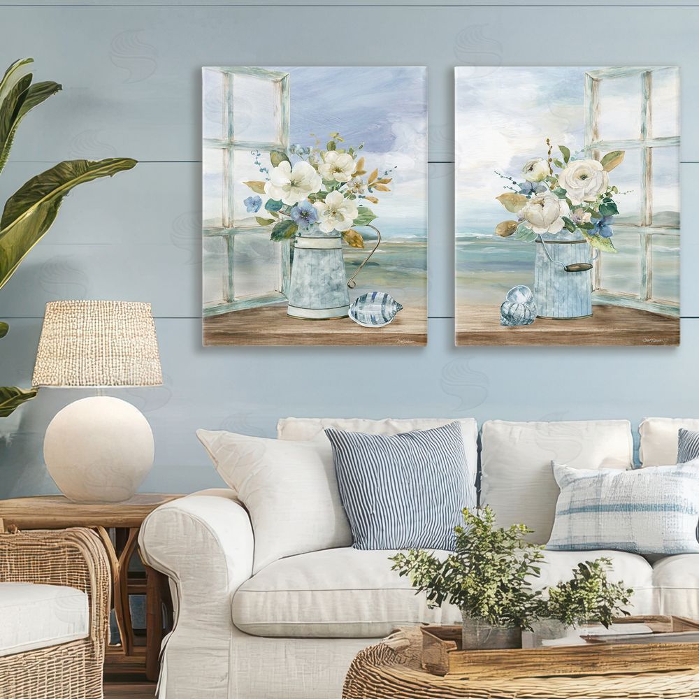 Carol Robinson Seaside Bouquets in Window Stretched Cavas Wall Art Set in Room