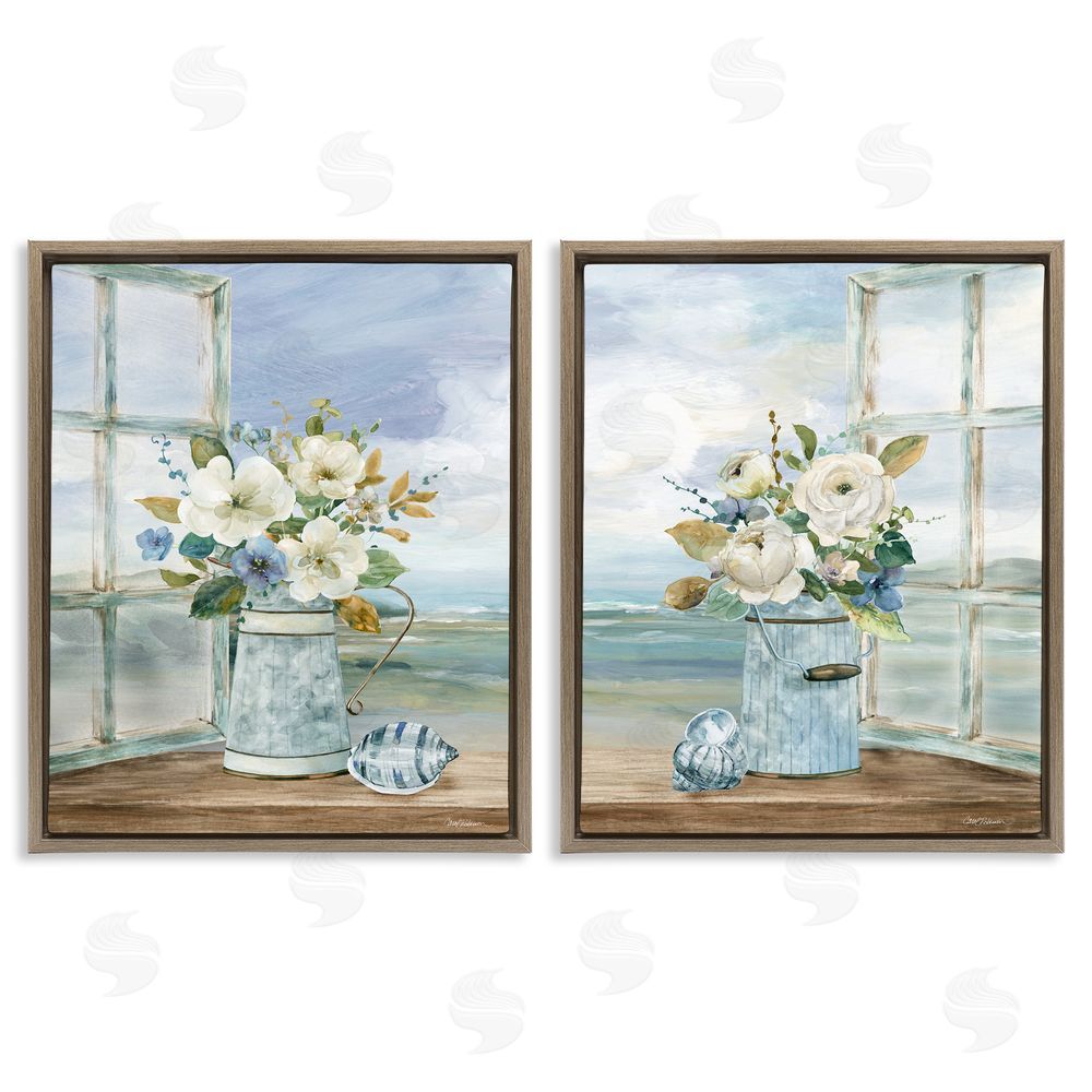 Carol Robinson Seaside Bouquets in Window Brown Floating Frame Canvas Wall Art Print