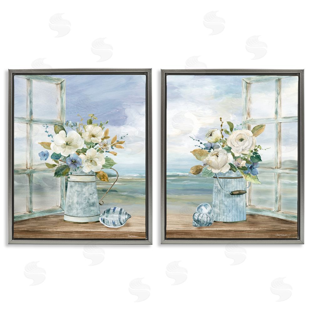 Carol Robinson Seaside Bouquets in Window Gray Floating Frame Canvas Wall Art Print