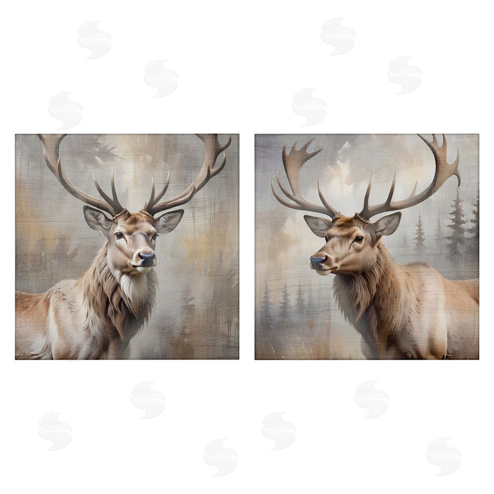 Susan Arnot Glancing Forest Stags Stretched Canvas Wall Art Print