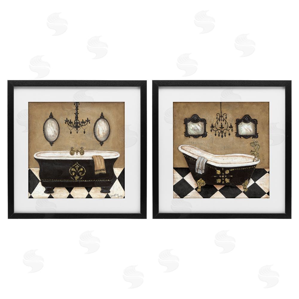 Janet Tava Elegant Bathroom with Chandeliers Black Framed Print Under Glass Wall Art