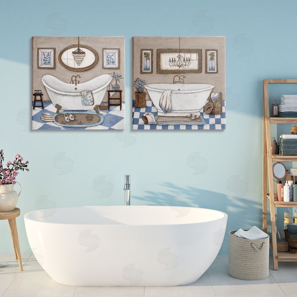 Janet Tava Tiled Bathroom Views Stretched Cavas Wall Art Set in Room