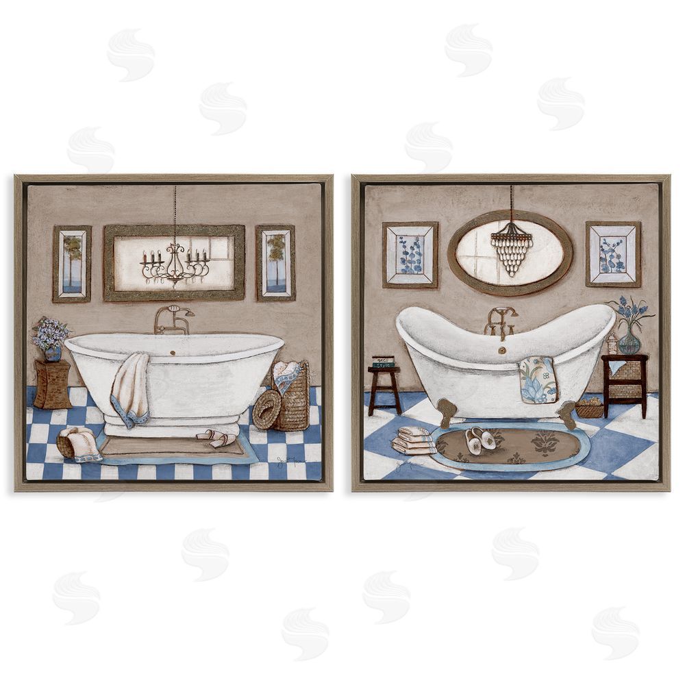 Janet Tava Tiled Bathroom Views Brown Floating Frame Canvas Wall Art Print