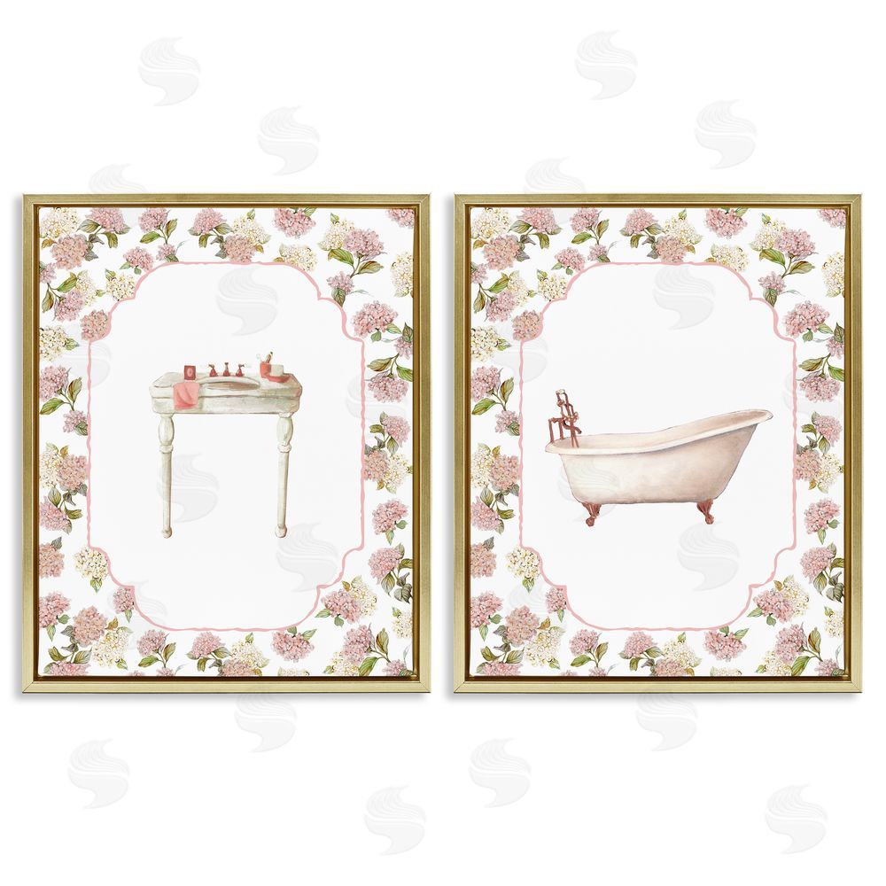 Carol Robinson Elegant Hydrangeas Bathroom Gold Floating Frame Canvas Wall Art Print