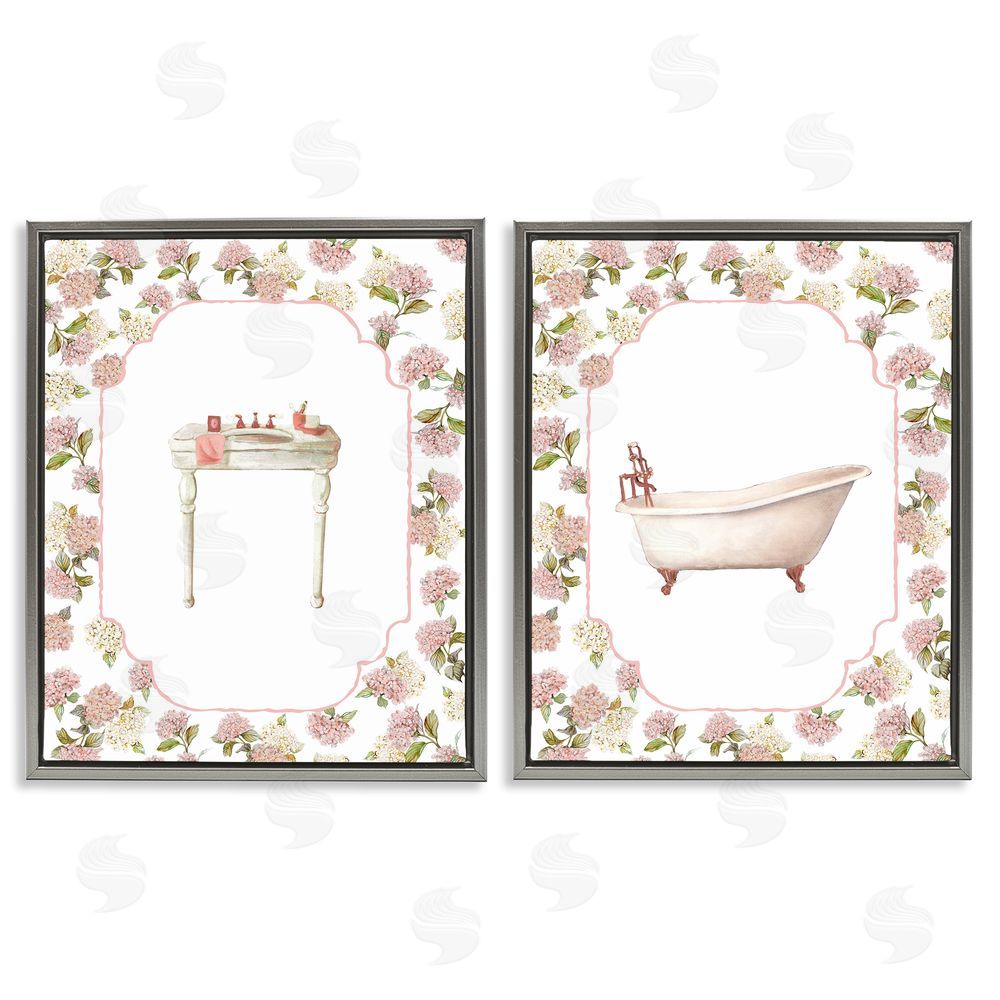 Carol Robinson Elegant Hydrangeas Bathroom Gray Floating Frame Canvas Wall Art Print