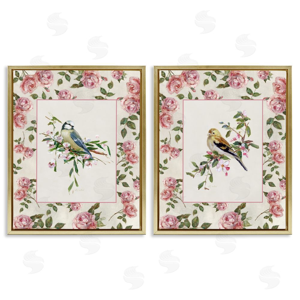 Sally Swatland Dainty Roses & Birds Gold Floating Frame Canvas Wall Art Print