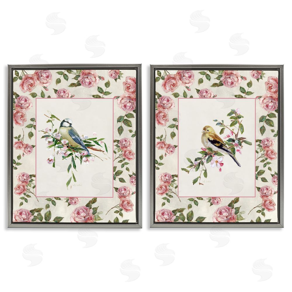 Sally Swatland Dainty Roses & Birds Gray Floating Frame Canvas Wall Art Print