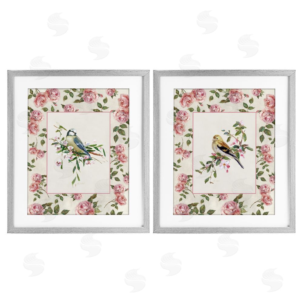 Sally Swatland Dainty Roses & Birds Gray Framed Print Under Glass Wall Art