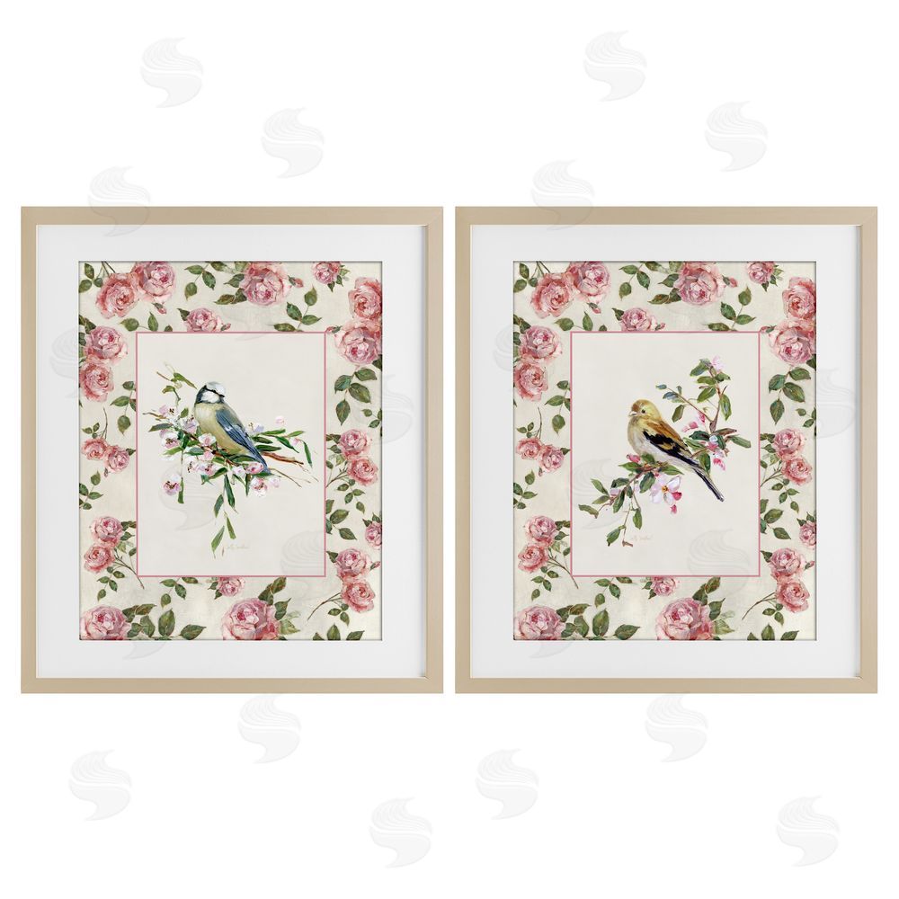 Sally Swatland Dainty Roses & Birds Brown Framed Print Under Glass Wall Art