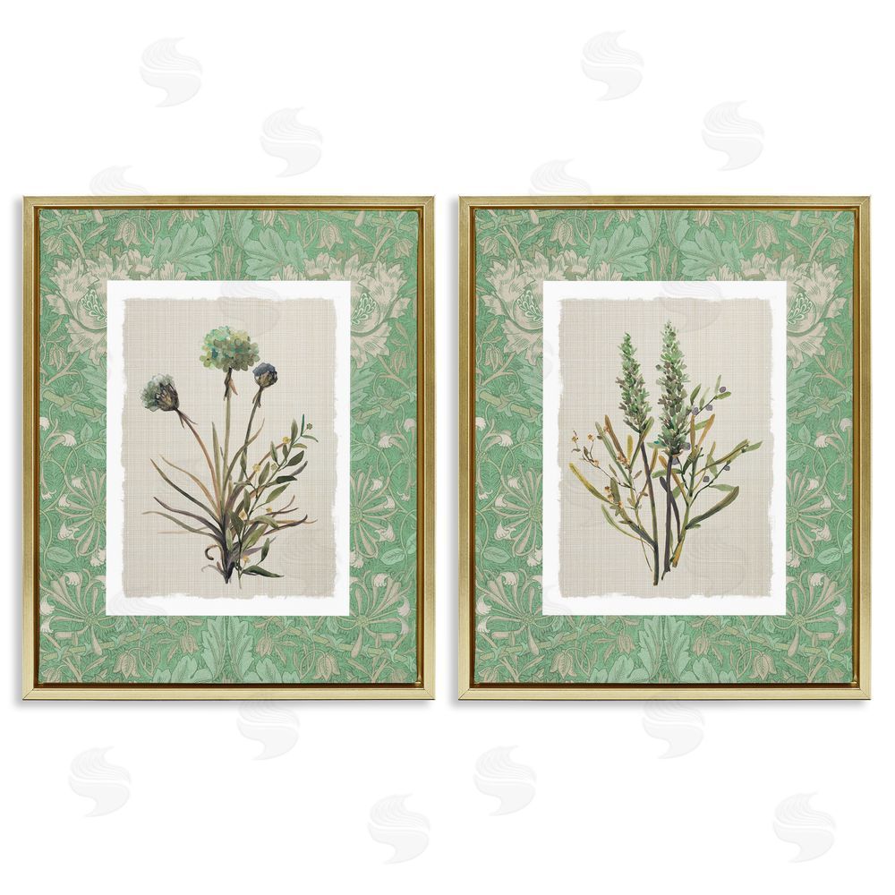 Carol Robinson Green Tone Herbal Blooms Gold Floating Frame Canvas Wall Art Print