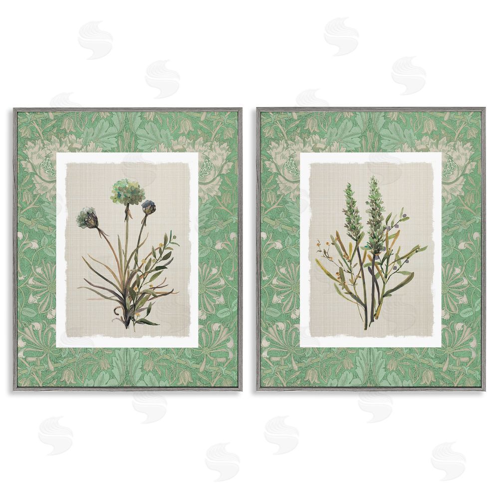 Carol Robinson Green Tone Herbal Blooms Gray Framed Giclee Wall Art Print