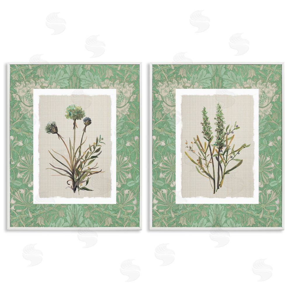 Carol Robinson Green Tone Herbal Blooms White Framed Giclee Wall Art Print