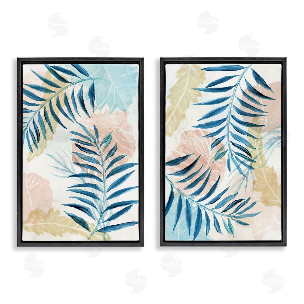 Nan Pastel & Blue Palm Fronds Black Floating Frame Canvas Wall Art Print