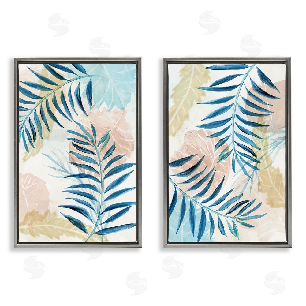 Nan Pastel & Blue Palm Fronds Gray Floating Frame Canvas Wall Art Print
