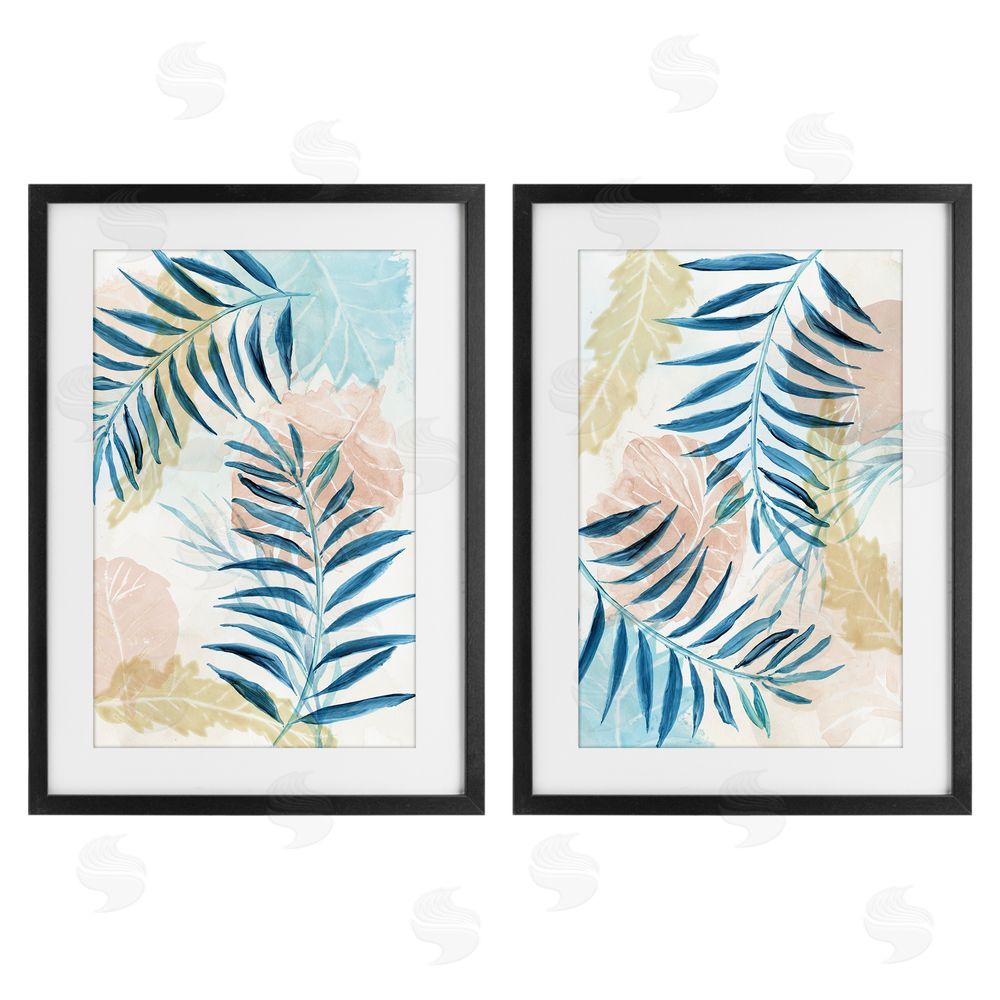 Nan Pastel & Blue Palm Fronds Black Framed Print Under Glass Wall Art