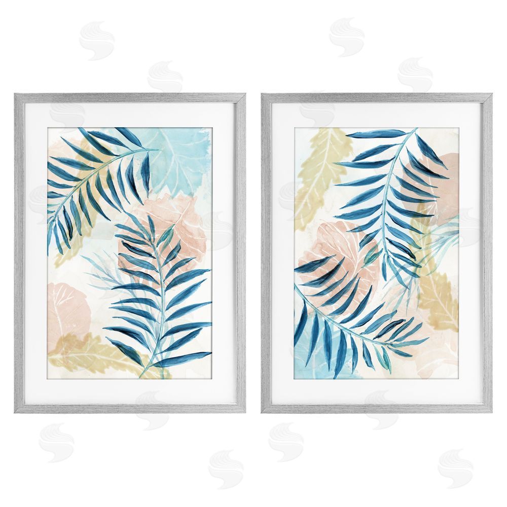 Nan Pastel & Blue Palm Fronds Gray Framed Print Under Glass Wall Art