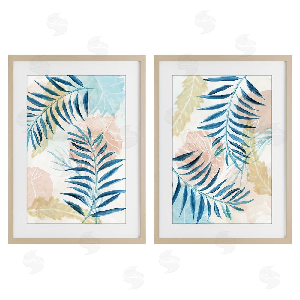 Nan Pastel & Blue Palm Fronds Brown Framed Print Under Glass Wall Art