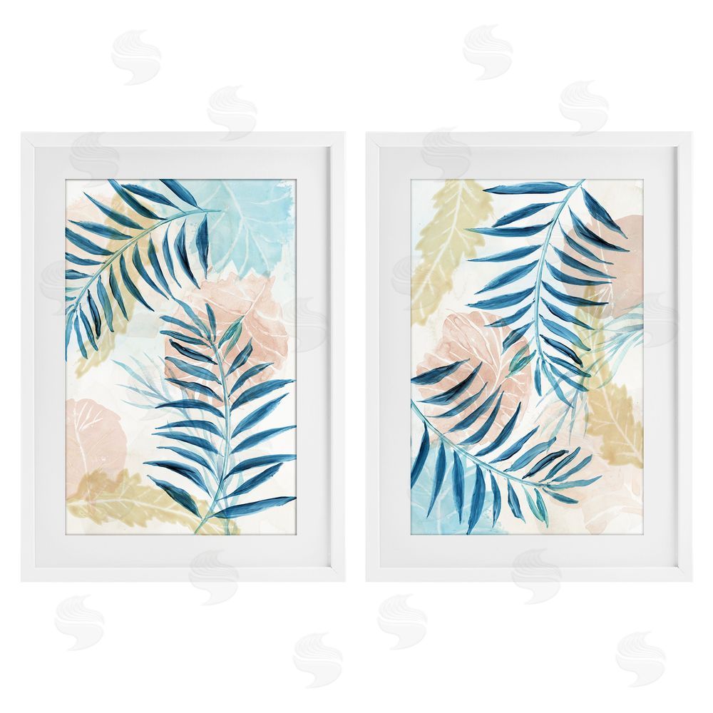 Nan Pastel & Blue Palm Fronds White Framed Print Under Glass Wall Art