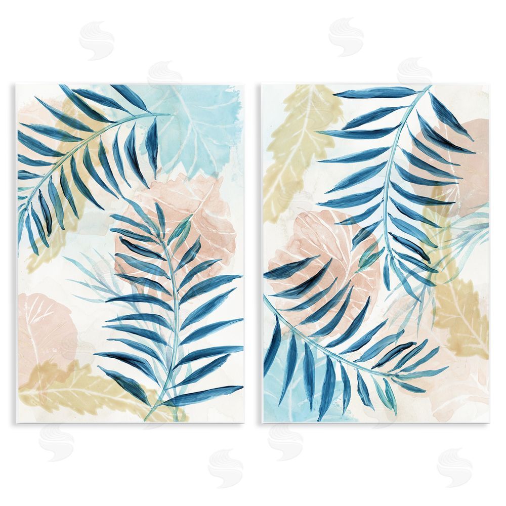 Nan Pastel & Blue Palm Fronds Wooden Wall Plaque Art Print
