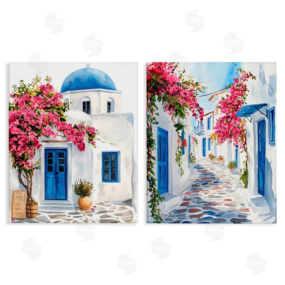 LSR Design Studio Santorini House with Pink Tree Stretched Canvas Wall Art