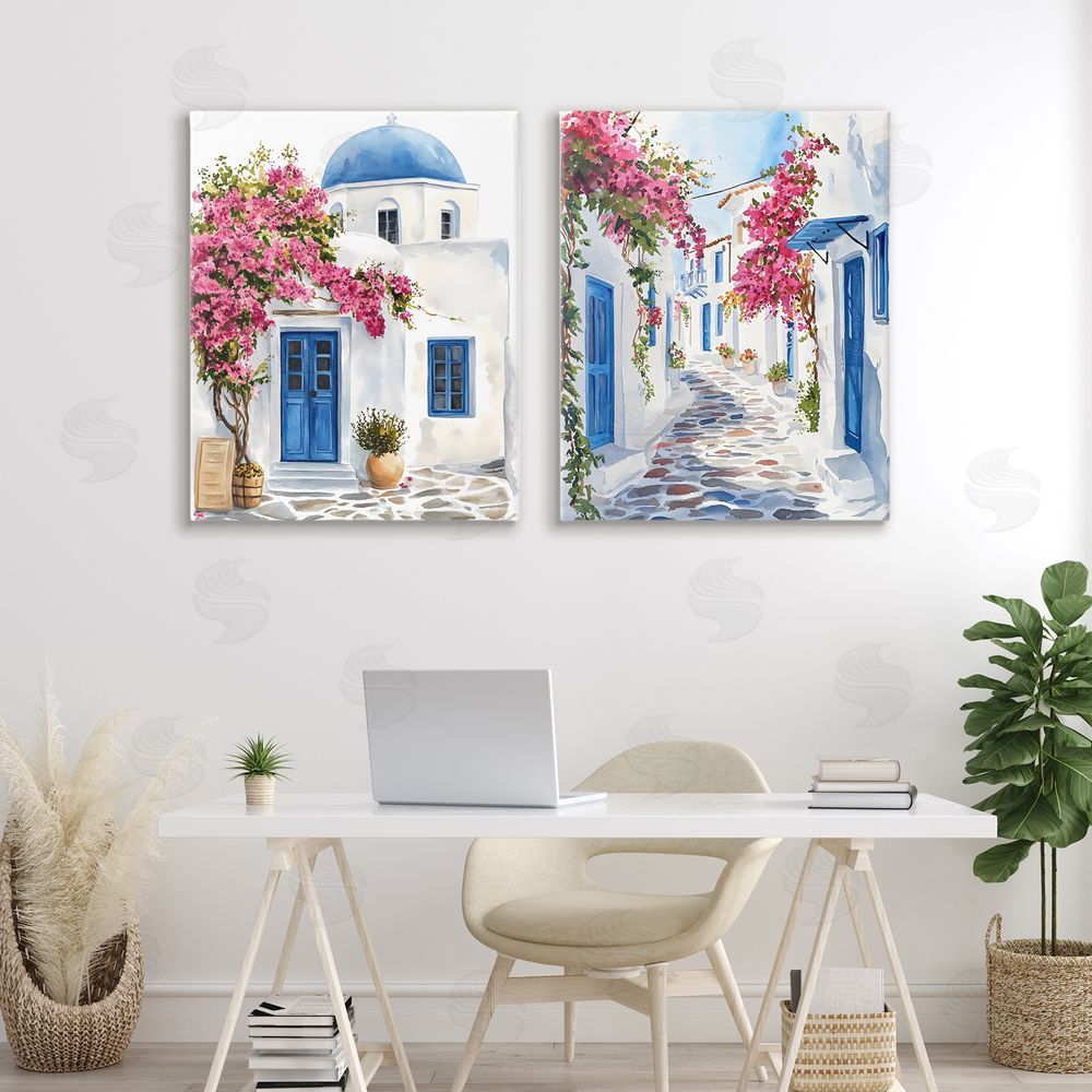 LSR Design Studio Santorini House with Pink Tree Stretched Canvas Wall Art in Room