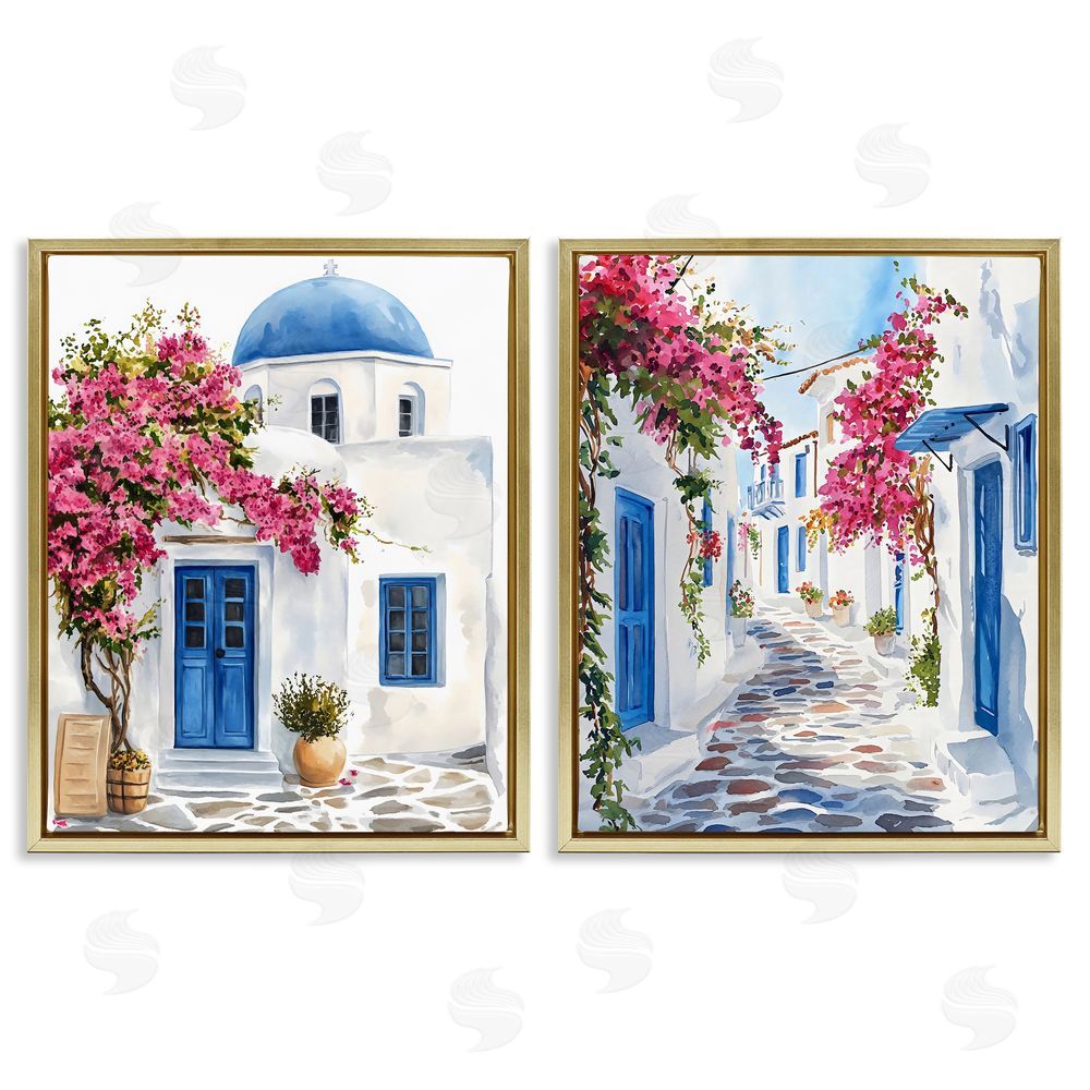 LSR Design Studio Santorini House with Pink Tree Gold Floating Framed Canvas Wall Art