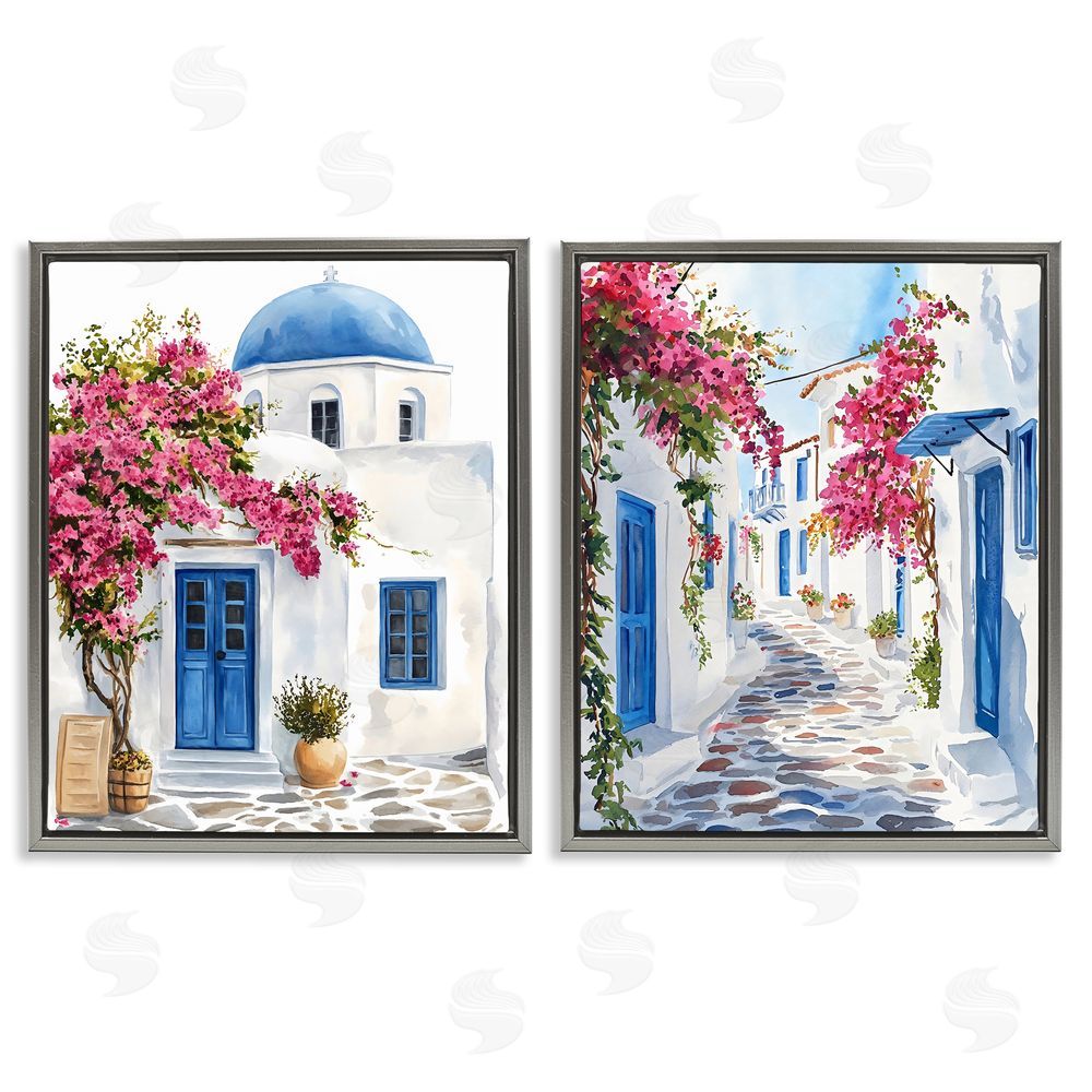 LSR Design Studio Santorini House with Pink Tree Gray Floating Framed Canvas Wall Art