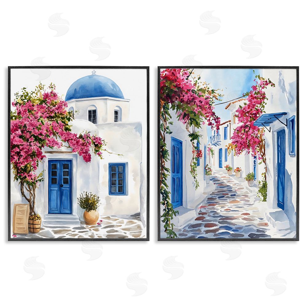 LSR Design Studio Santorini House with Pink Tree Black Framed Giclee Wall Art